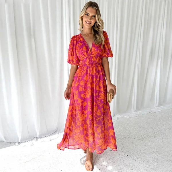 Cathy | Vestido com Mangas Puff Impressas